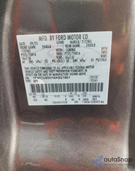 2006 Ford Escape Hev z USA, uszkodzony, nr VIN 1FMCU95H16KB21861